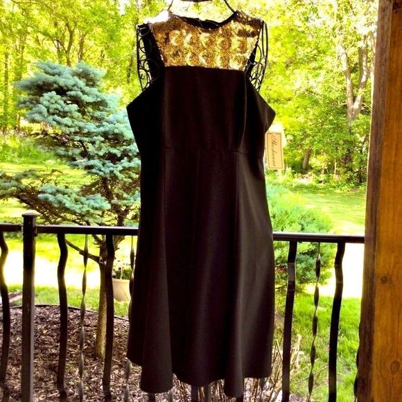 SHOSHANNA BLACK A-LINE SLEEVELESS GOLD EMBELLISHED YOKE SEQUIN DRESS 10 NWT - Picture 12 of 16